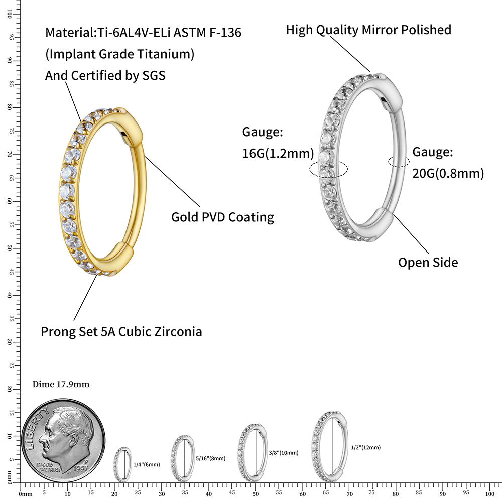 Rechter Großer ASTM F136 Titan Schlanker Huggie Creolen Ohrring 16G CZ Knorpel Helix Ohrläppchen Scharnier Ohrring Piercing Körperschmuck