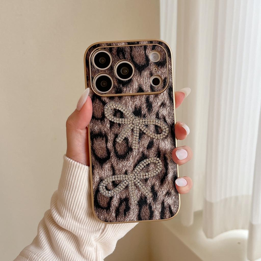 Large window personalized leopard print rhinestone bow for iPhone16Pro max Apple 17 mobile phone case 15/14