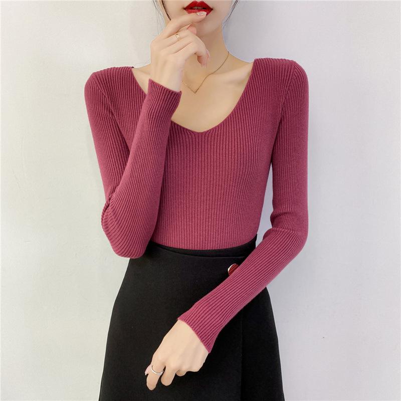 

Узкий женский свитер с V-образным вырезом, универсальный, с длинными рукавами, базовый вязаный свитер, стильный топ-свитер для осени и зимы One Size розы красного