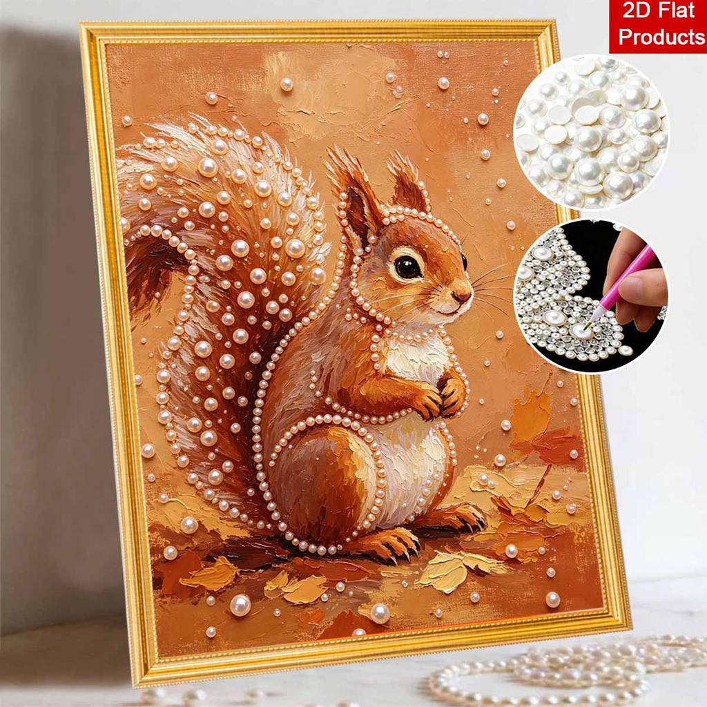 Cute Squirrel Autumn Leaf 5D Pearl Painting Kit with Frame DIY Sparkling Bead Canvas Art Relaxing Craft for Home Wall Room Decor