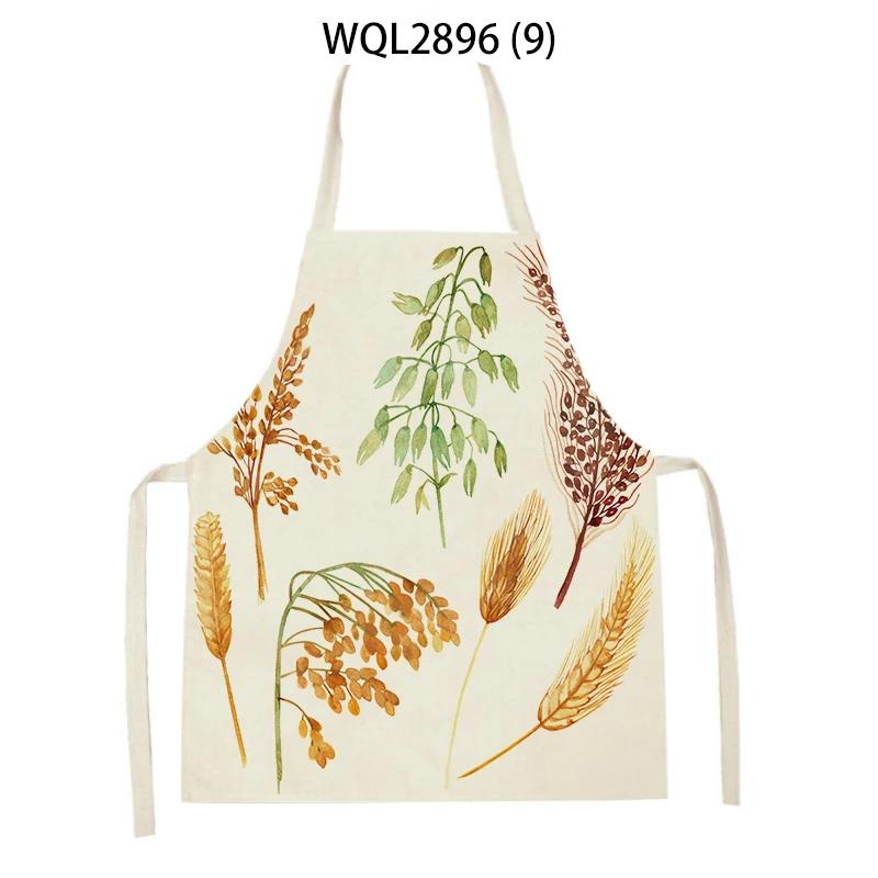 Plants Printed Kitchen Aprons Men Women Cooking Cleaning Aprons Wheat Flowers Pattern Linen Waist Apron Baking Accessories