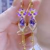 Fashionable and High-end Purple Zircon Flower Tassel Earrings for Women, Light Luxury and Versatile Earrings Fashion Trend