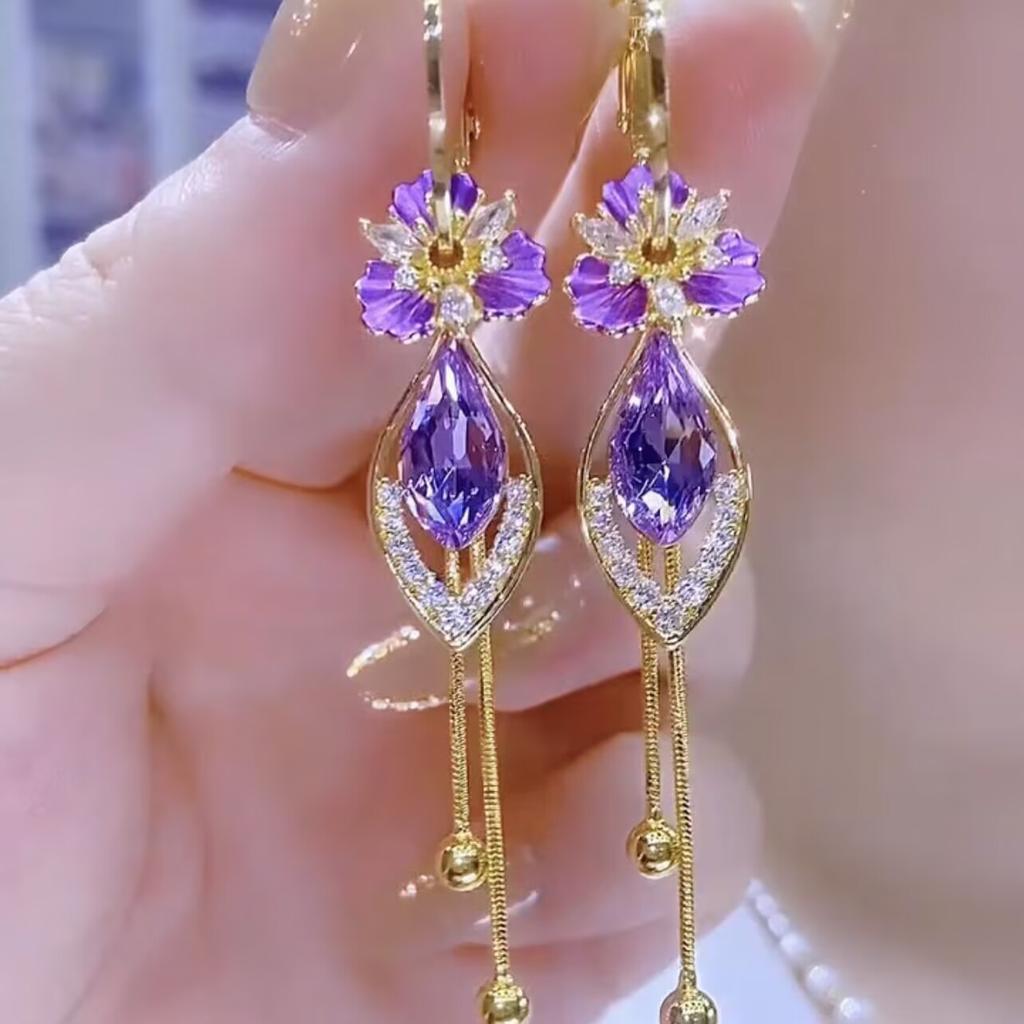Fashionable and High-end Purple Zircon Flower Tassel Earrings for Women, Light Luxury and Versatile Earrings Fashion Trend