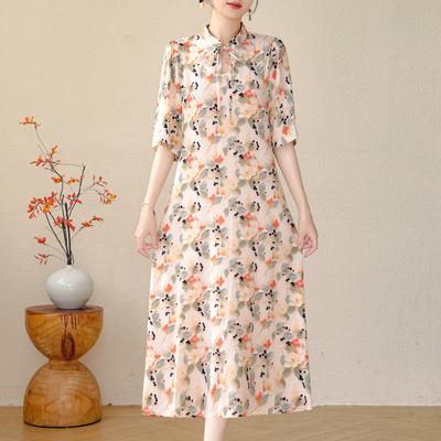 Summer Elegant Dresses for Women Plus Size Loose Half Sleeve Vintage Print Long Dress Middle-aged Women's Clothing