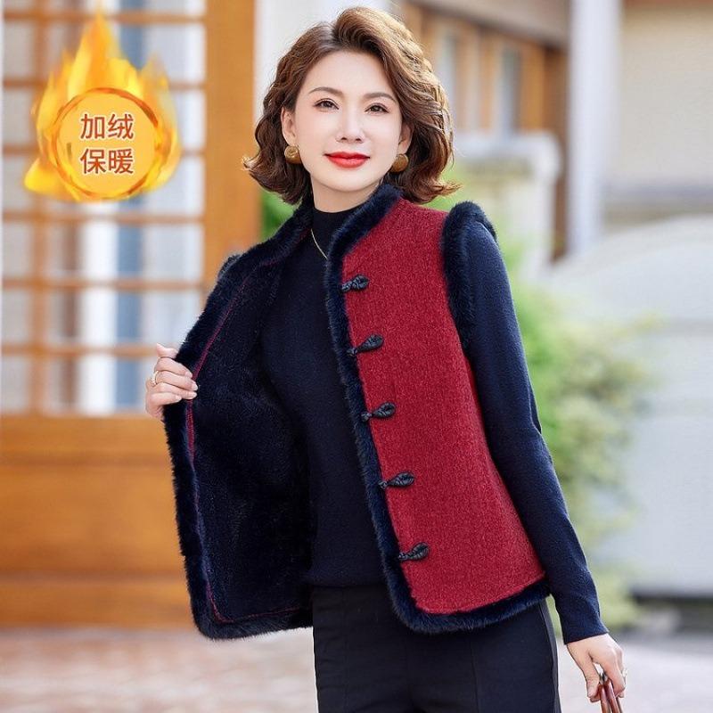 Autumn and Winter Vest Vest Stand-up Collar Buckle Fleece Vest Thickened Old Lady Warm Jacket
