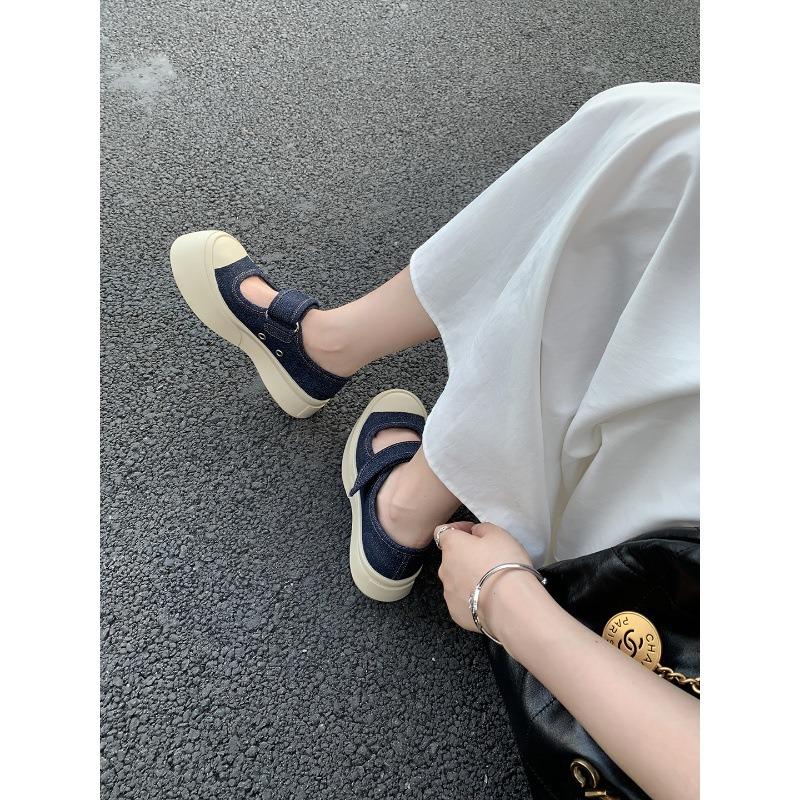 Cowhide version~ Velcro color matching little white shoes muffin platform casual Mary Jane shoes women's big head shoes