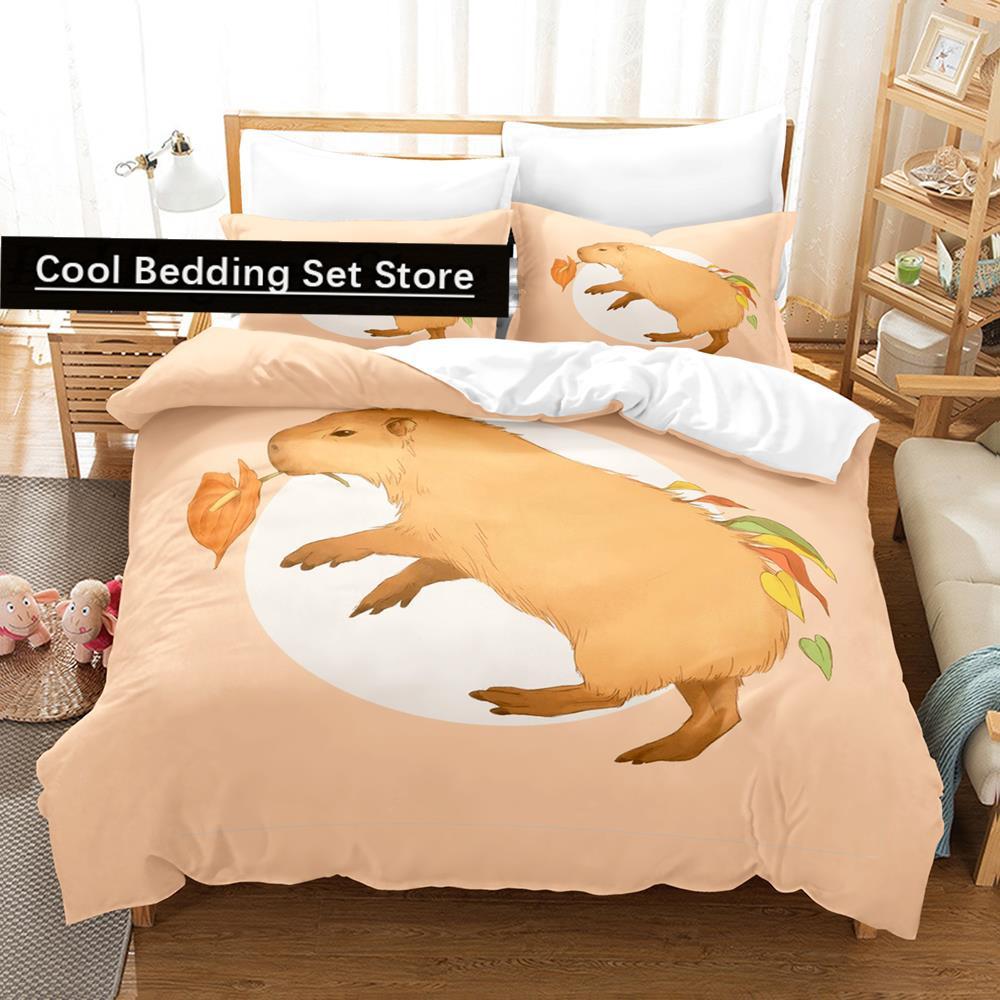 Kawaii Kapibary Zestaw Pościeli Pojedynczy Bliźniak Pełny Queen King Size Zestaw na Łóżko Aldult Kid Sypialnia Zestawy Poszewek na Kołdrę Zestaw Prześcieradeł 3D Anime