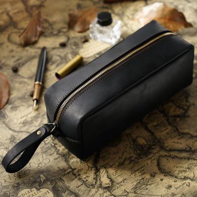 2026 First-layer Cowhide Pencil Bag, Square Retro Crazy Horse Leather Zipper, Simple and Large-capacity Pencil Stationery Bag.