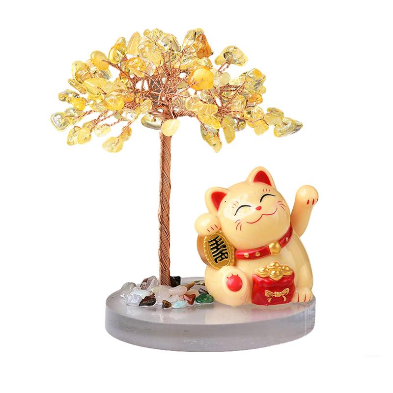 Solar Energy Shake Hands Lucky Cat Base Fate Tree Office Home Natural Crushed Stone Life Tree Handwoven Weaving Decor