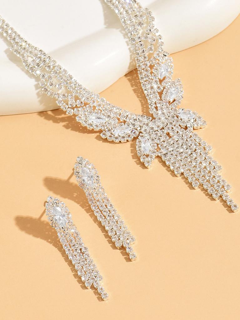 3pcs Women's Jewelry Set Rhinestone Tassel Necklace Earrings Bridal Wedding Accessories