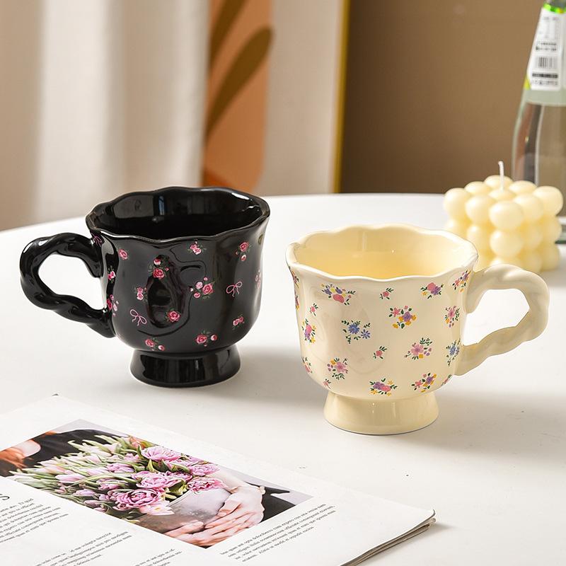Black and White Floral Mug Ceramic Girls High Looking Coffee Couple Exquisite Afternoon Tea Cup High End Feeling Light Luxury
