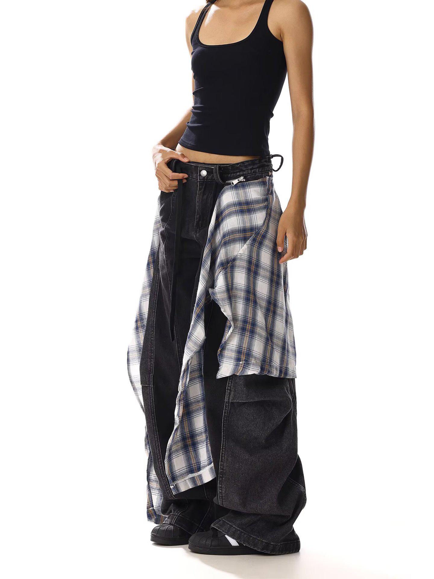 

Trendy Women s Wide-Leg Jeans with Zip-Up Butt Flap, Fake Two-Piece Design, Hip-Hop Jazz Style. Large
