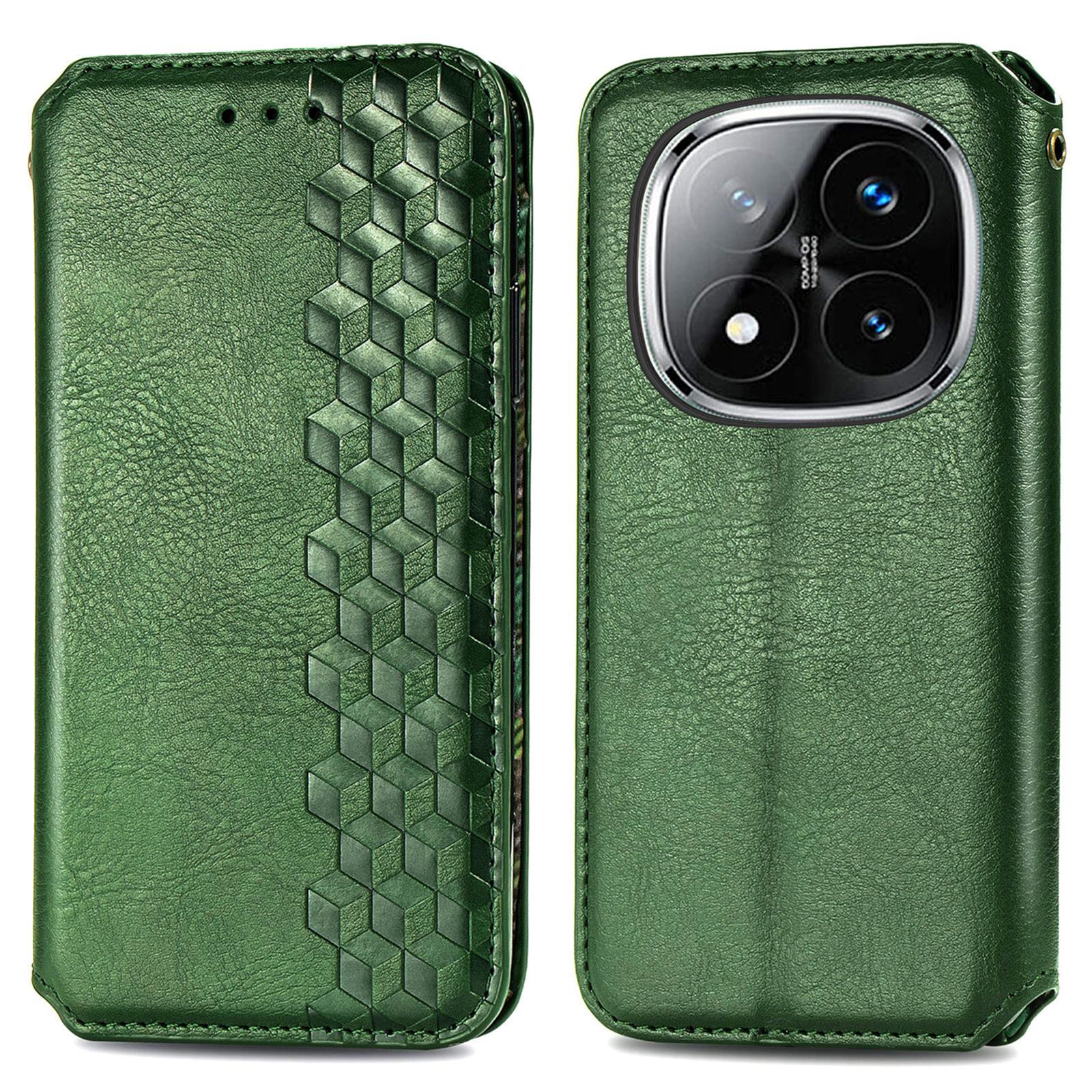 

For Xiaomi Redmi Note 14 Pro+ 5G PU Leather Case Rhombus Imprint Wallet Stand Phone Cover Green