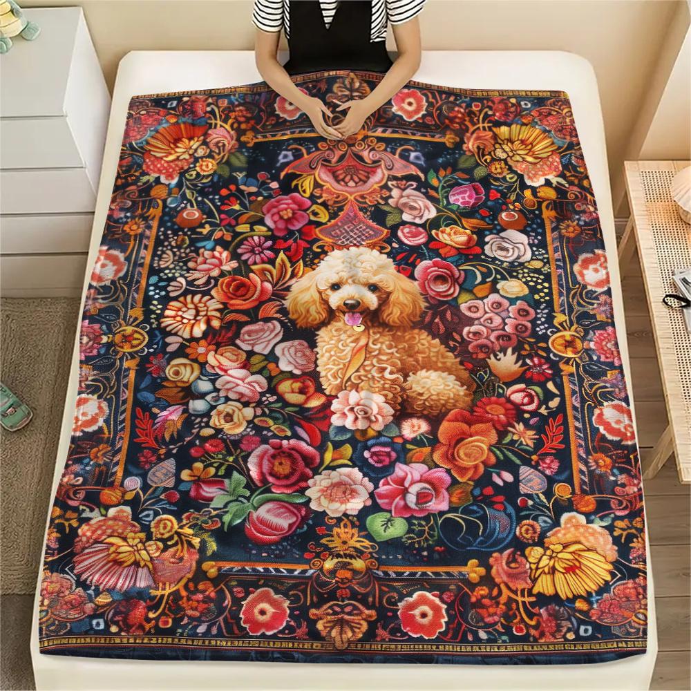 1Pc Floral Dog Print Flannel Blanket, High quality Comfortable for All Seasons, Home Decor, Warmth and Comfort, Perfect for Christmas Gifts
