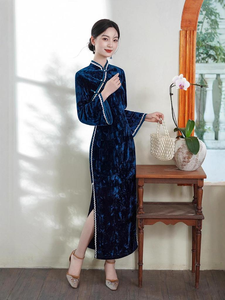 Elastyczna Aksamitna Długa Sukienka Cheongsam: Jesień/Zima 2025, Styl Retro Chiński, Szerokie Rękawy Dolman