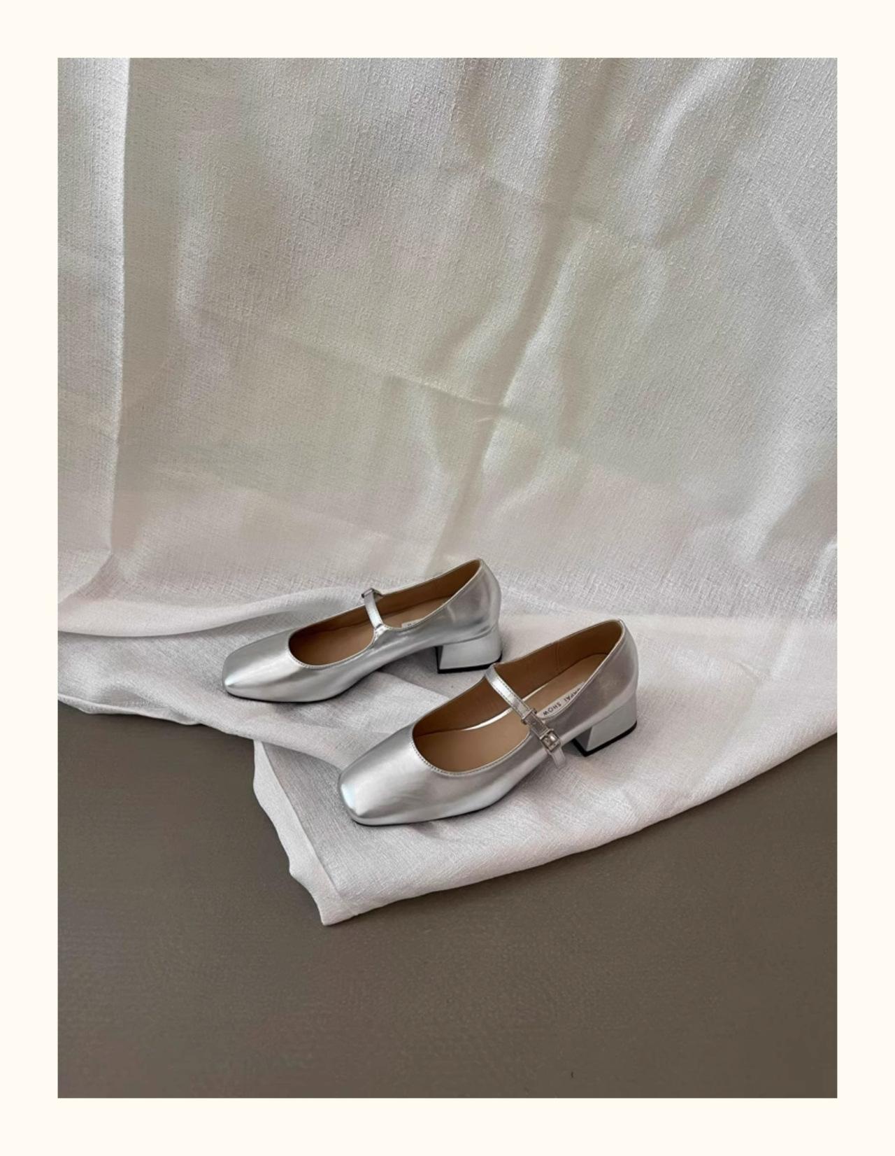 

Туфли Мэри Джейн из французского серебра, женская обувь 2025 года, новый весенний темперамент, толстый каблук, квадратная голова, светлый рот, одно слово с одинарными туфлями 35 серебряный