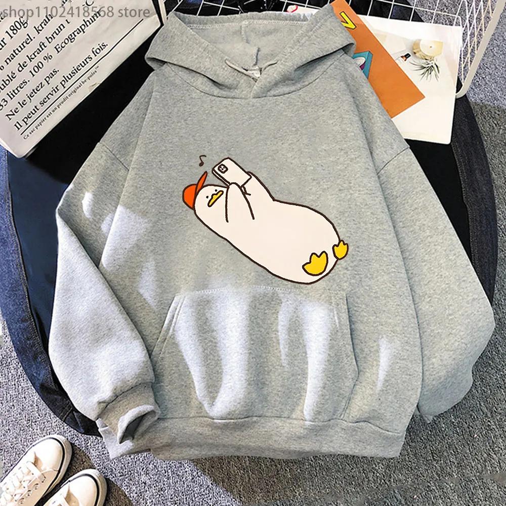 Duck I'm Sick of Everything Hoodies Cartoon Print Sweatshirts Anime Clothes Long Sleeve Pullovers Women Coats Men