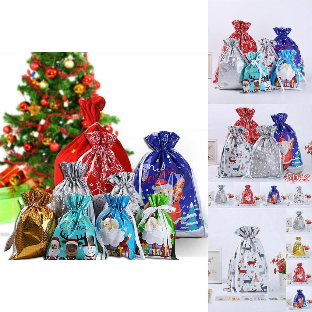 Festive 5pcs Christmas Sacks Reusable Drawstring Gift Bags Perfect For Holiday Cheer