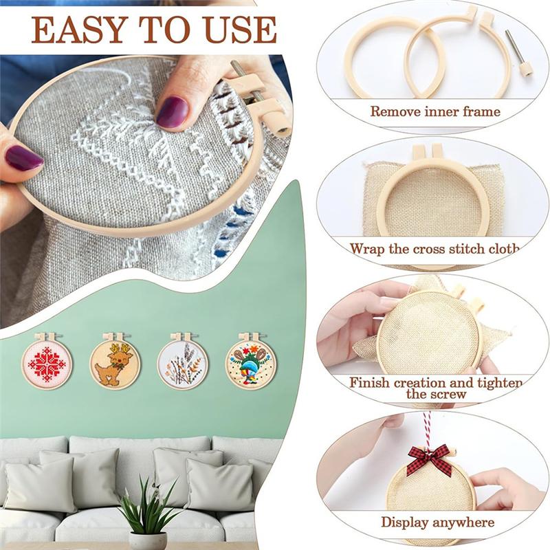 25Pcs Christmas Embroidery Kit DIY Christmas Decorations Kit Embroidery Hoop Bamboo Hoop, Bowknot, Cotton Rope For DIY
