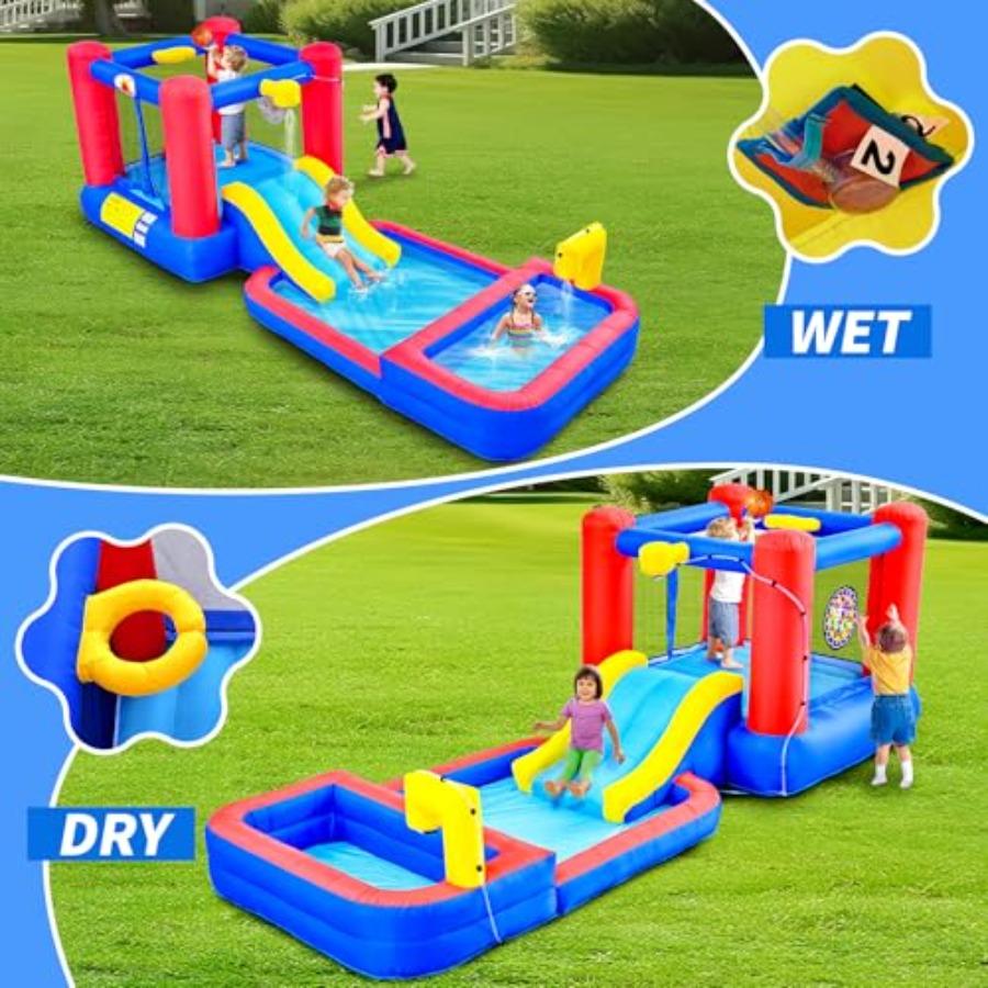 2 In 1 Inflatable Water Slide Bouncy Castle for Outdoor Use, PVC Material, Blue and Red, Includes Blower, Sprayers, Deep Pool,