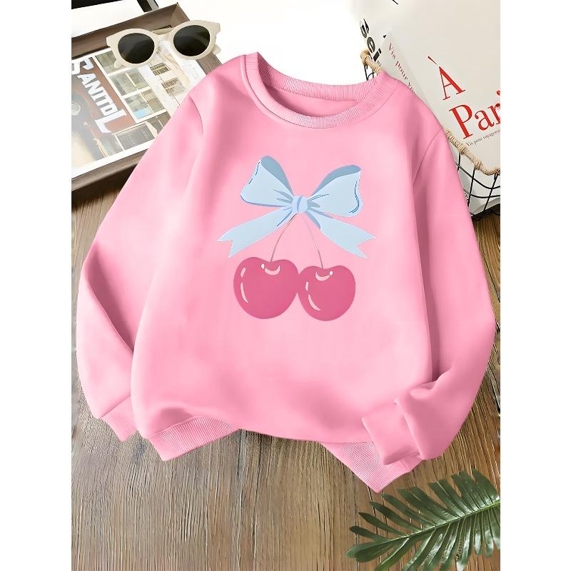 Kids Unisex Crewneck Sweatshirt, Cute Light Blue Bow Cherry Cartoon Print Soft Fleece Pullover For Kids Over 4 Years Old
