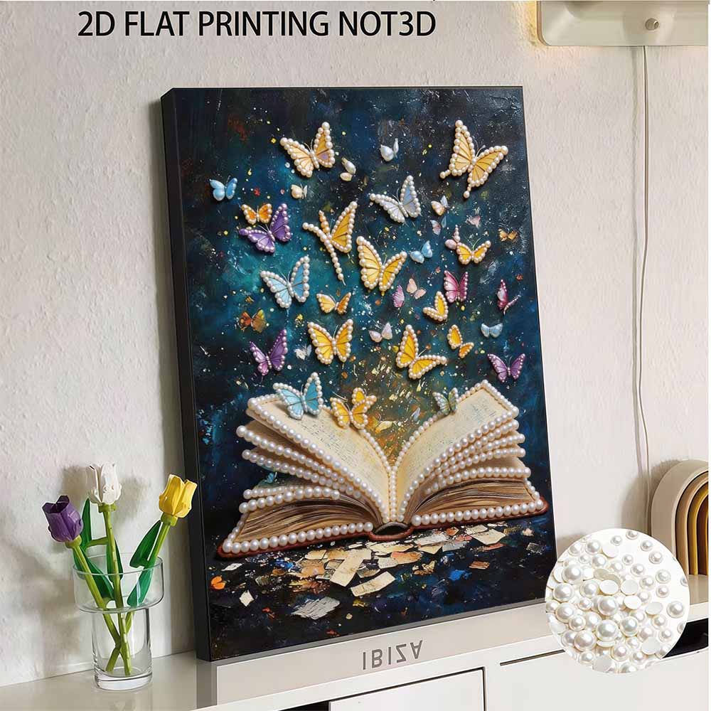 DIY 5D Butterflies in The Book Pearl Art Kit No Frame Pearl Diamond Painting for Adults 30x40cm Floral Gem Art for Home Wall Decoration & Craft Gift
