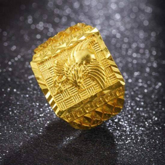 Vietnamese Sand Gold Men's Copper Gold-Plated Ring with Jade Fortune Design