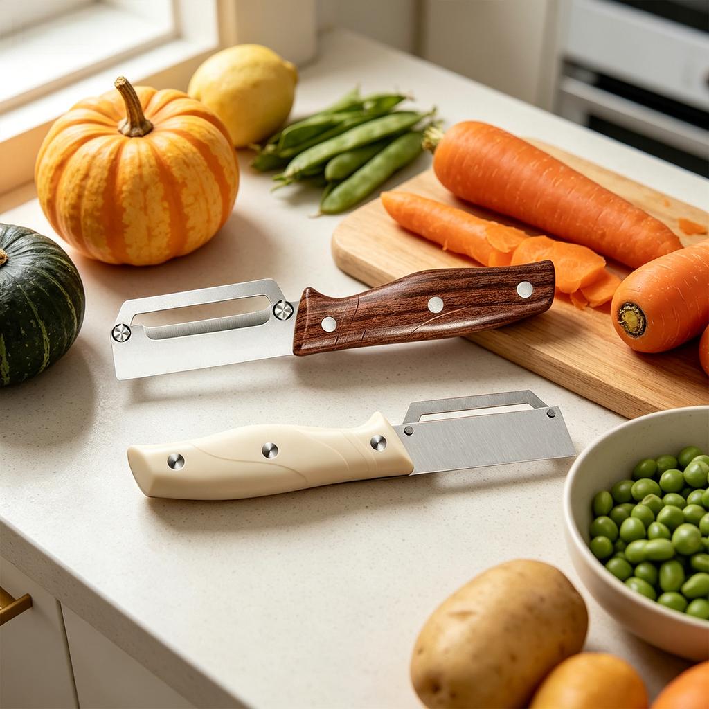Multi Function Vegetable Peeler Stainless Steel Blade Kitchen Peeler with Ergonomic Wooden Handle for Efficient Peeling and Cutting Tasks