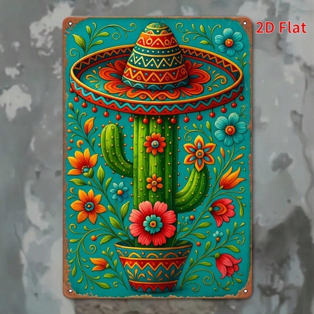 Planetjuice Vintage Mexican Sombrero Cactus Metal Tin Sign Wall Art Decor For Bar Cafe Garage 20X30CM