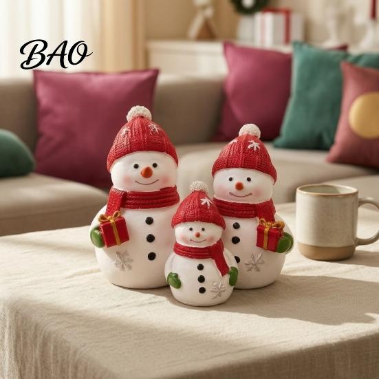 Christmas Party Supplies Resin Snowman Figurine, Cute Family of 3 Statue with Santa Unique Presents Hat, Red Scarf, Holiday Tabletop Ornament