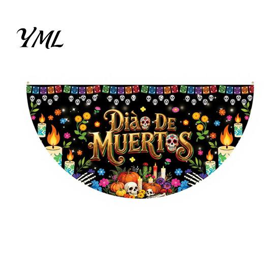 Durable Polyester Bunting Day of The Dead Skull Banner, Marigold Print Fiesta Decorative Wall Hanging Flag, Colorful Sugar Outdoor Yard Party