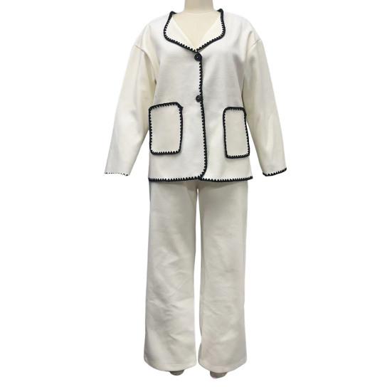 2 Pcs/Set Women Autumn Shirt Pants Set Turn-down Collar Single-breasted Long Sleeves Patchwork Top Wide Leg Loose Trousers Homewear Casual Outfit