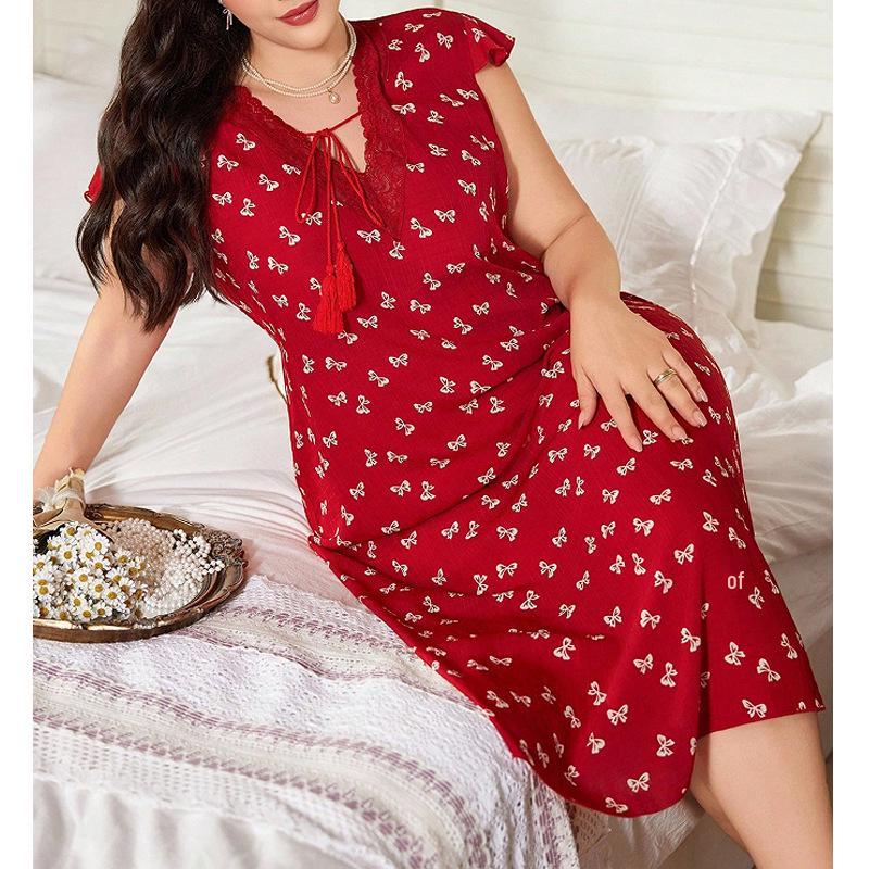 

Женская пижама большого размера с цветочным кружевом - Милое, свободное платье для сна на весну и лето XS красный