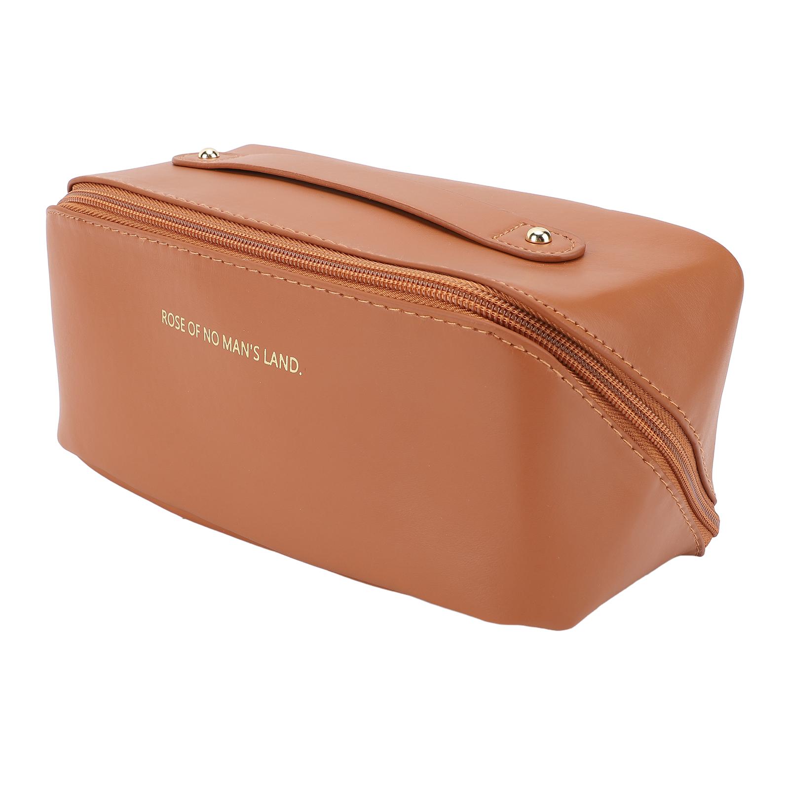 

Travel Makeup Bag Portable Waterproofing PU Leather Toiletry Bag High Capacity Cosmetic Storage Bag with Handle Brown