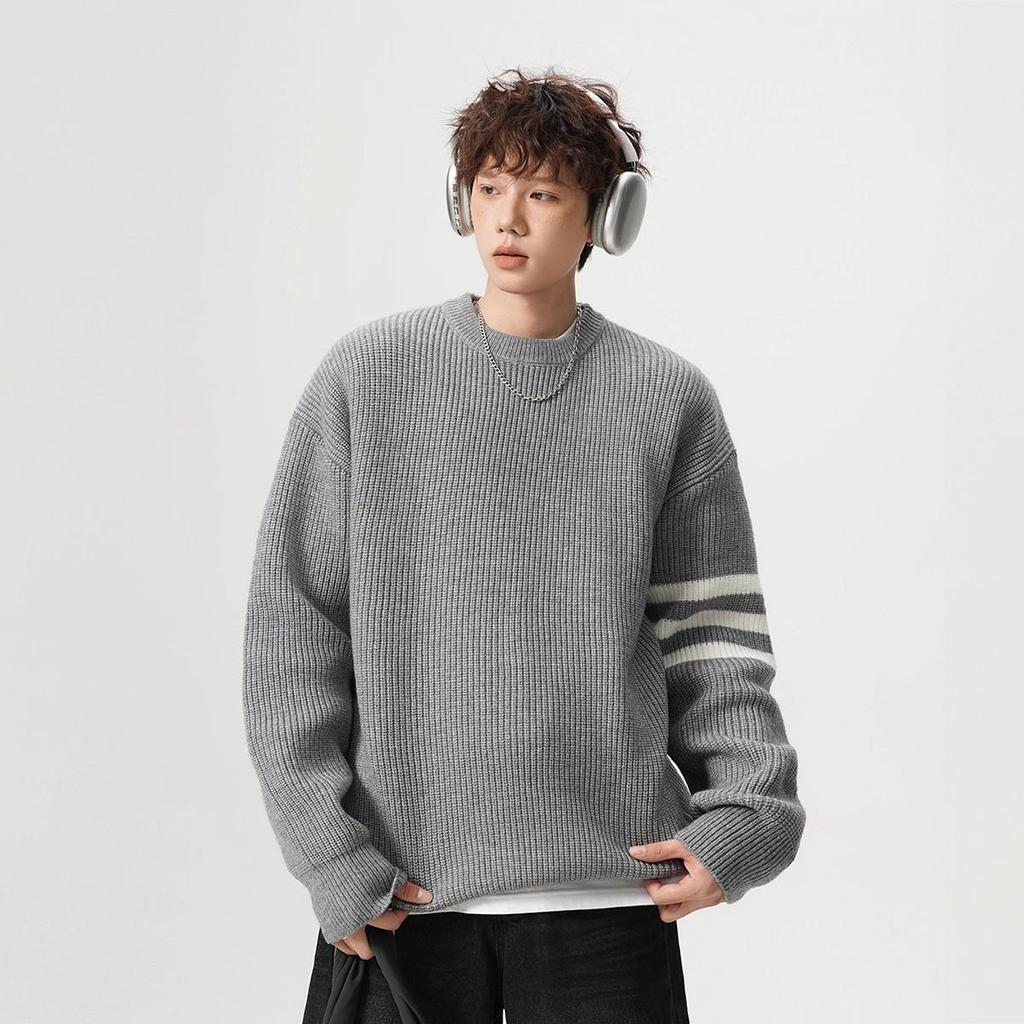 Unisex Gestreifter Lässiger Strickpullover - Winter Innen-Basisschicht, Rundhals