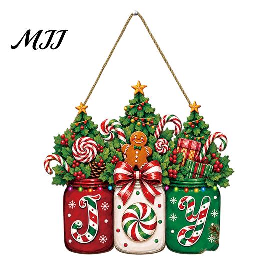 Festive Wall Decoration for Home Christmas Door Sign, Gingerbread Candy Wooden Joy Hanging Wreath, Mason Decor Jar Welcome Sign Front Door,