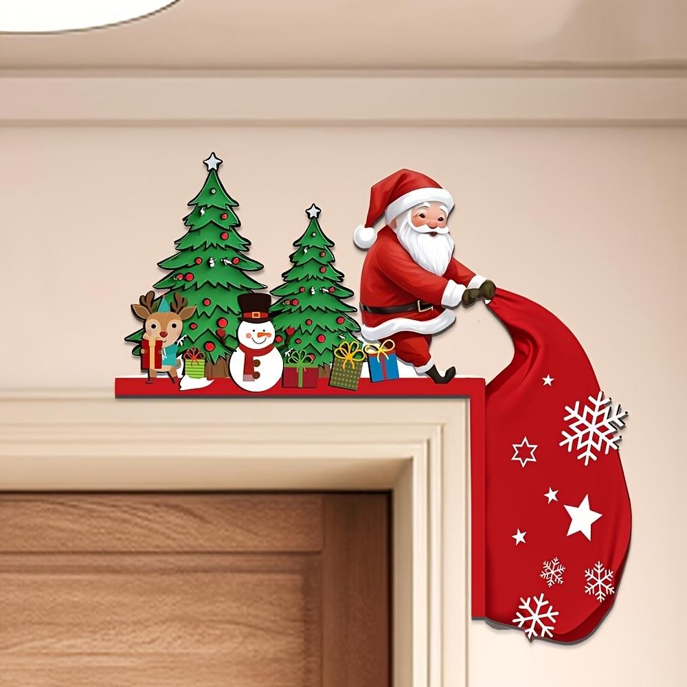 2pcs Wooden Christmas Door Corner Decorations Santa Claus and Reindeer with Snowman, Festive Wall Ornaments, Suitable for Indoor Use in Living Room