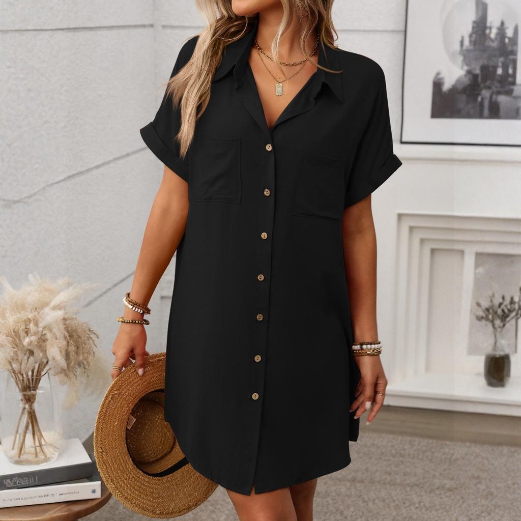 Ladies' Summer Loose Comfortable Casual Fashionable Solid Color Short Sleeved Cotton Linen Medium Length Shirt Dress