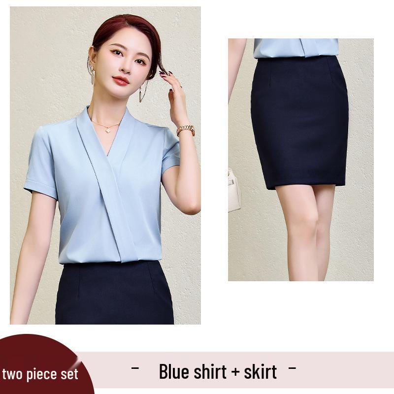 Women's Blue V-Neck Short-Sleeve Blouse - 2025 Summer Professional Wear