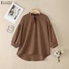 Women Casual Round Neck Solid Color 3/4 Sleeve Blouse