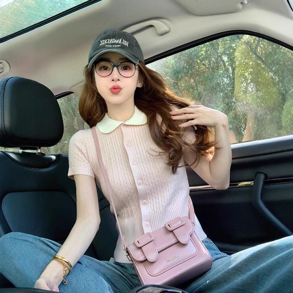 Women's Pink Slimming Petite Polo Knitted Short Sleeve Top - Summer 2025 Collection