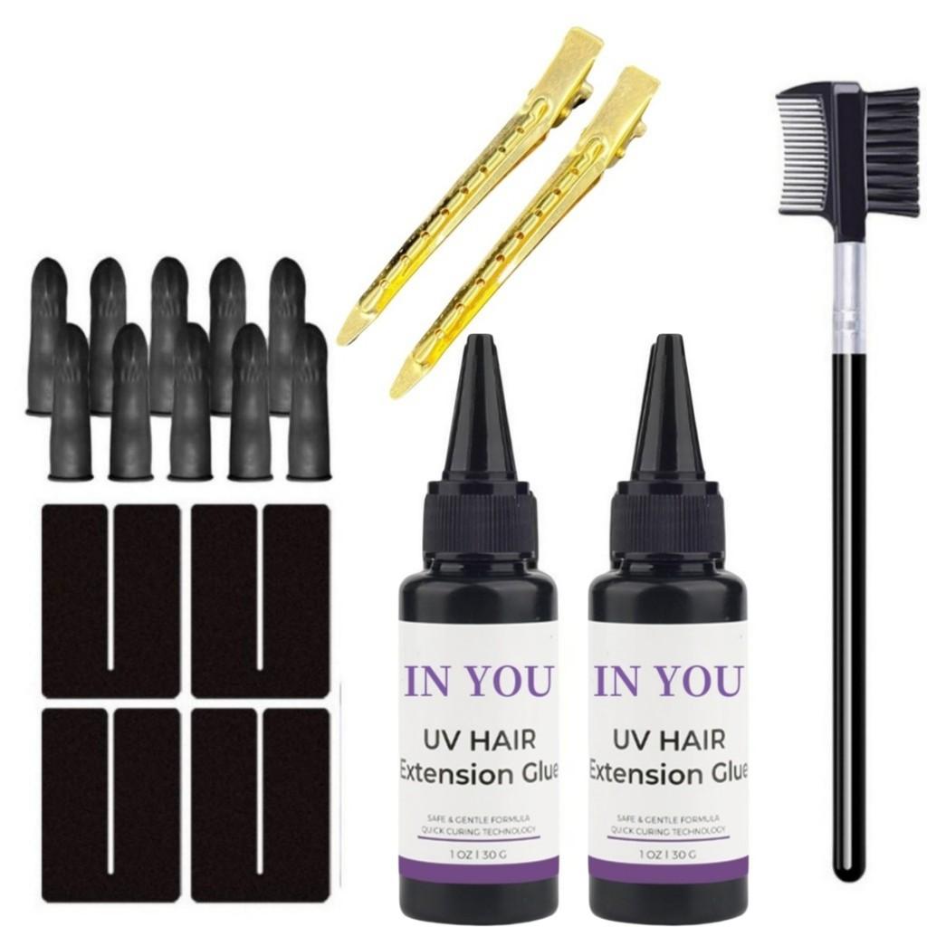 

Набор для УФ наращивания волос: 2x30г Клей + 4 Щитка и 10 Рукавов | Термостойкая Расческа и Аксессуары | Набор Салонного Качества для Домашнего Использования Accessories