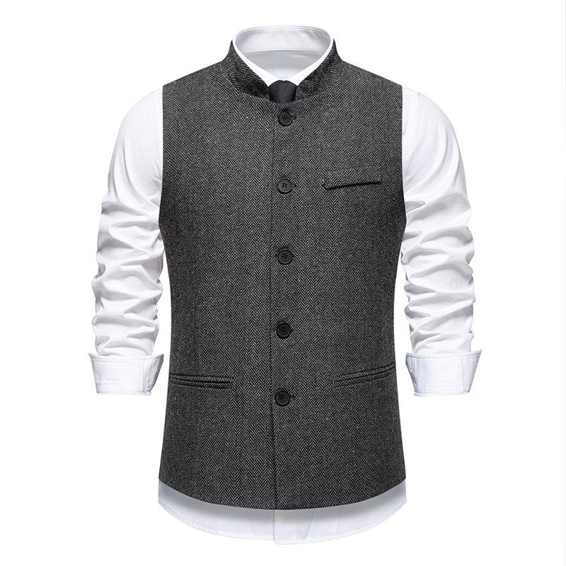 Autumn British Style Retro Vest For Men Fashion Stand Collar Herringbone Coarse Tweed Suit Vest Waistcoat Vintage Gentleman