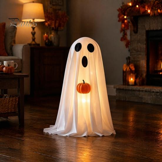 Children Party Favors Halloween Ghost Decoration, Light-Up White with Pumpkin, Indoor Holiday Home Decorations Cute Standing Tabletop for Decor