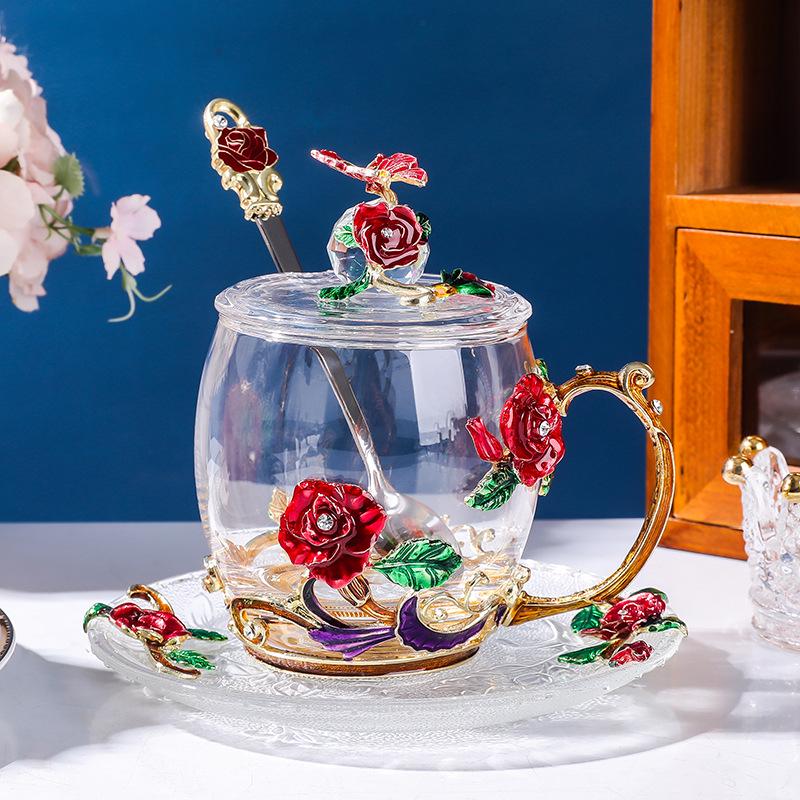 Colored Enamel Flower Glass Tea and Coffee Cup Set for Home and Office