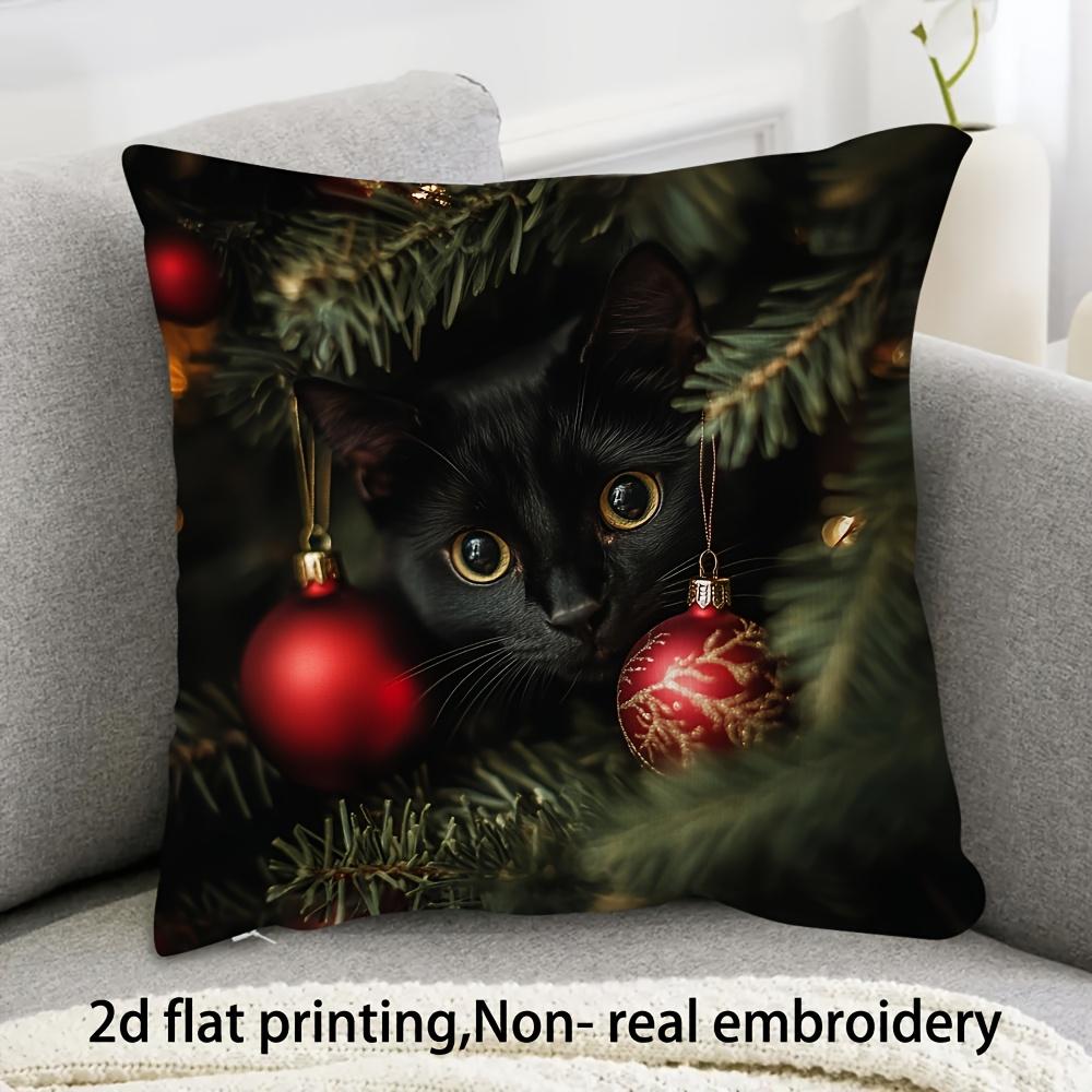 1pc Charming Black Cat Christmas Pillow Cover - Made of Soft And Smooth Polyester Short Plush Fabric, Featuring a One-Sided Printed Design, Measuring