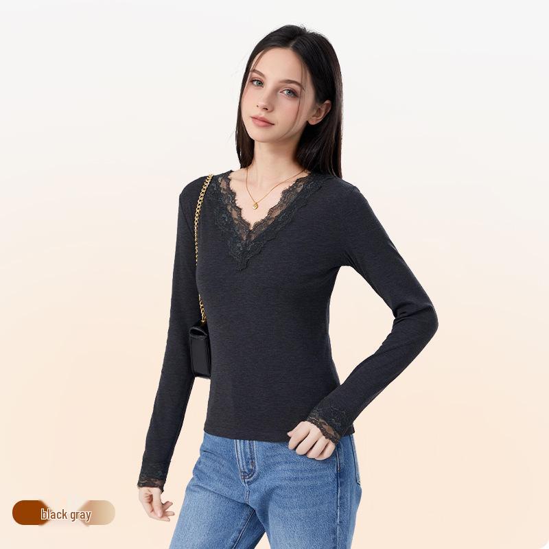 

Женский трикотажный свитер с V-образным вырезом из девелюра: Кружевной, Высокоэластичный, Приятный к коже базовый слой для осени и зимы XL (Weight: 130-145 jin)