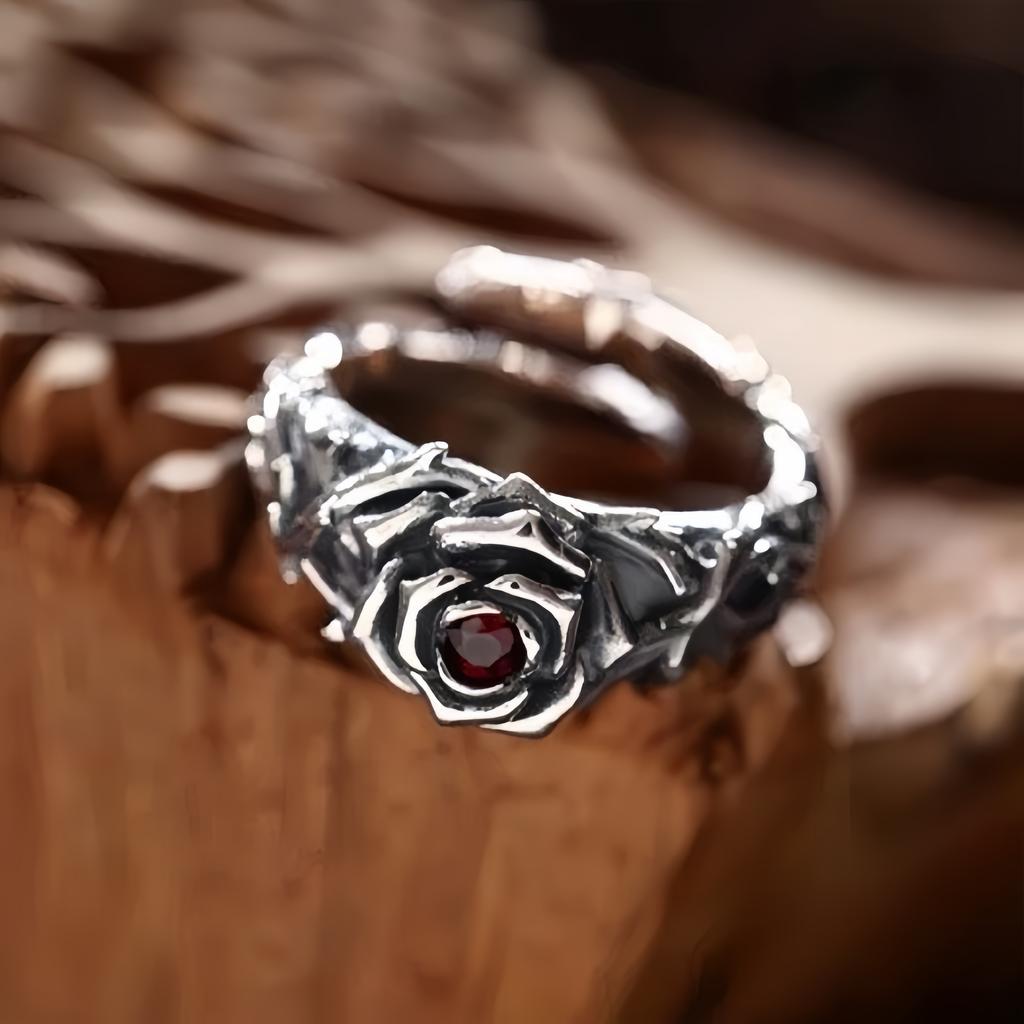 Retro Eeuwige Ranken & Rood Hart Roos Verstelbare Open Ring Voor Mannen Zilverkleurig Koper Punk Gotisch Edgy Sieraden Accessoires Cadeau