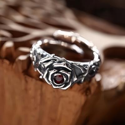 Retro Eternal Vines & Red Heart Rose Adjustable Open Ring For Men Silver-plated Copper Punk Gothic Edgy Jewelry Accessories Gift