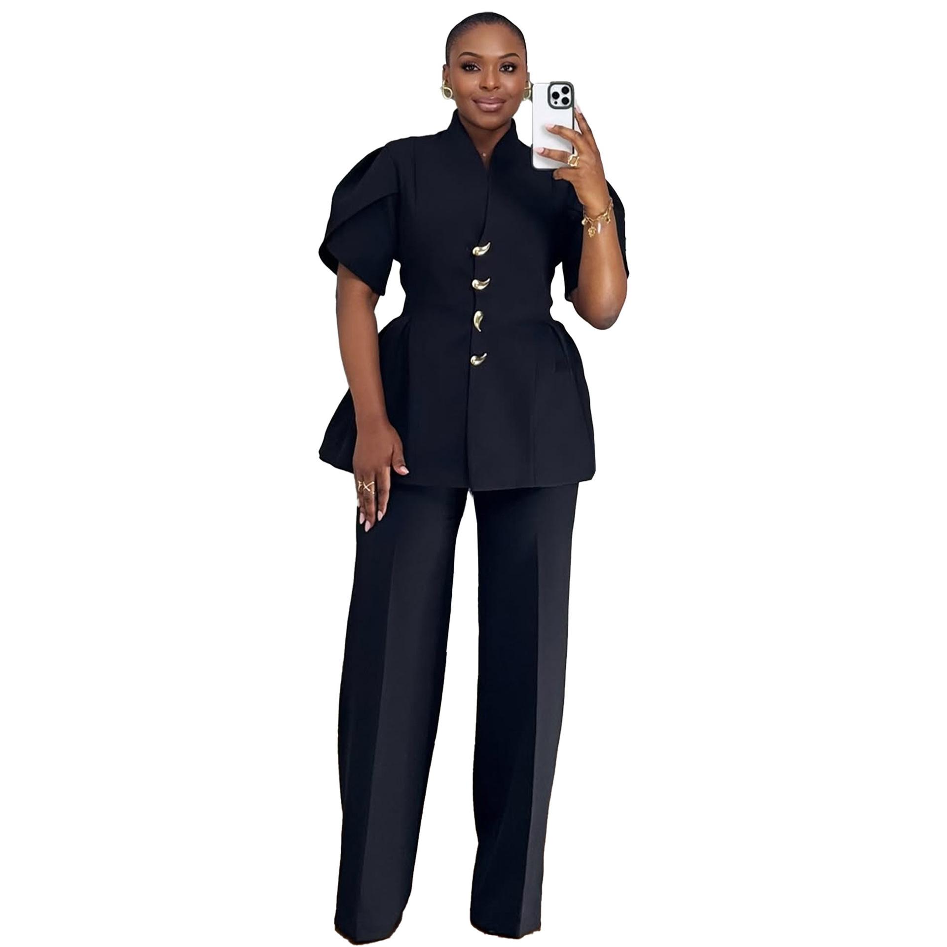 

Short Sleeve Top with Gold Buttons and Pants 2 Piece Set S чёрный